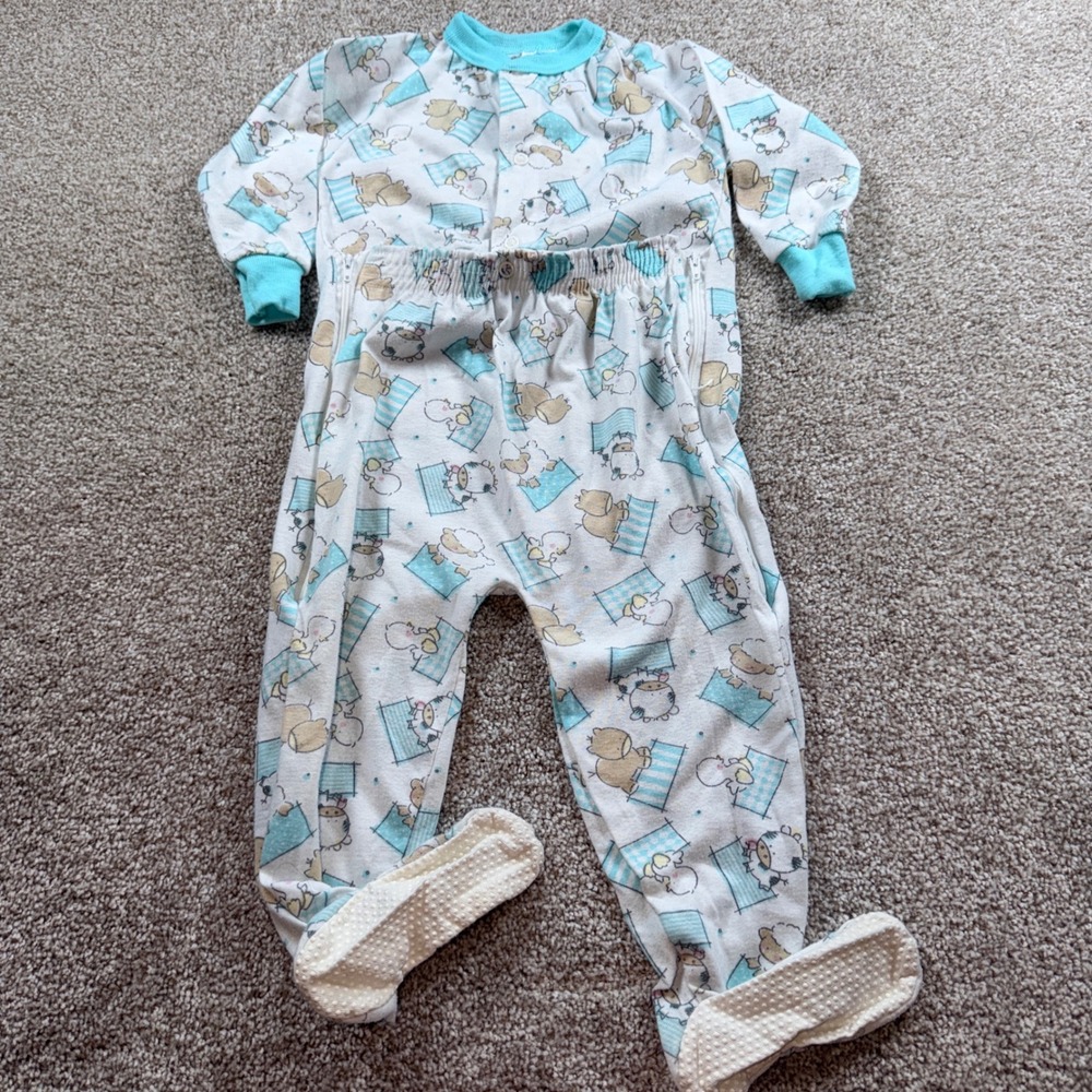 Vintage Spencers Lamb Bear Footed Pajamas Sleeper 24 Months Turquoise White 90s‎